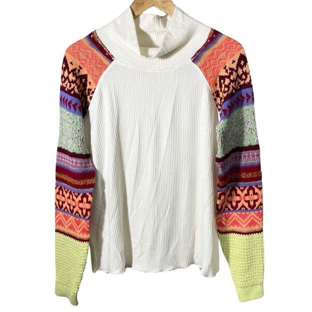 Free People Prism Fair Isle Sweater Women's Large Ivory Boho Mixed Media Sleeves